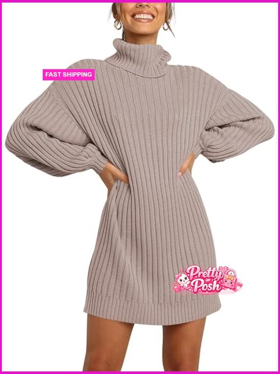 Dresses & Skirts - Oversized Sweater Dress Turtleneck Batwing Long Sleeve Ribbed Knit Loose Short